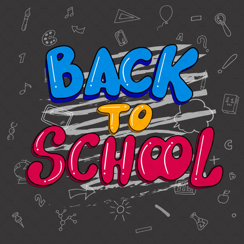 Back to school, digital hand lettering, blue, yellow, and pink letters with white chalk in a black blackboard with school subjects and elements. Vector illustration of a banner.Template for school. Doodle cartoon and line style.Element of education.
