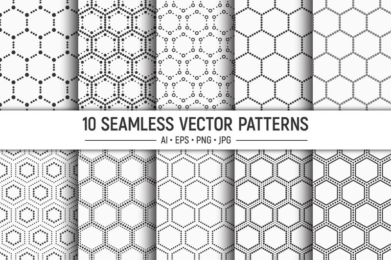 10 tečkovaných šestiúhelníků geometrických bezešvých vektorových vzorů
