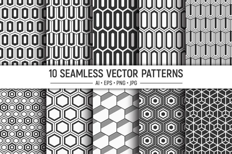 10 šestiúhelníků bezešvá vektorová vzory