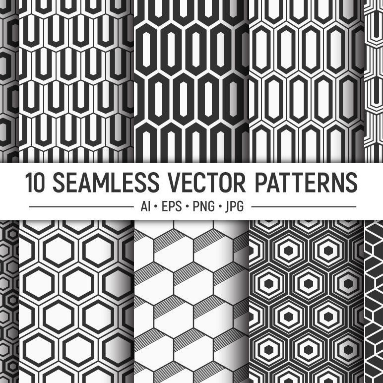 10 hexagons seamless vector patterns