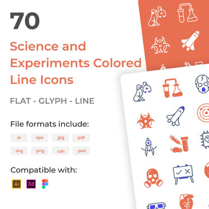 70 Tudományos kísérletek színes vektoros ikonok halmaza