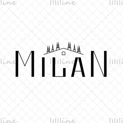 Milaan. Zwarte letters met een architectonisch ornament. Italiaanse stad. Logo, de digitale handgeschreven titel voor briefkaart, spandoek, poster, foto, kalender, advertenties, witte achtergrond. Trendy stijl.