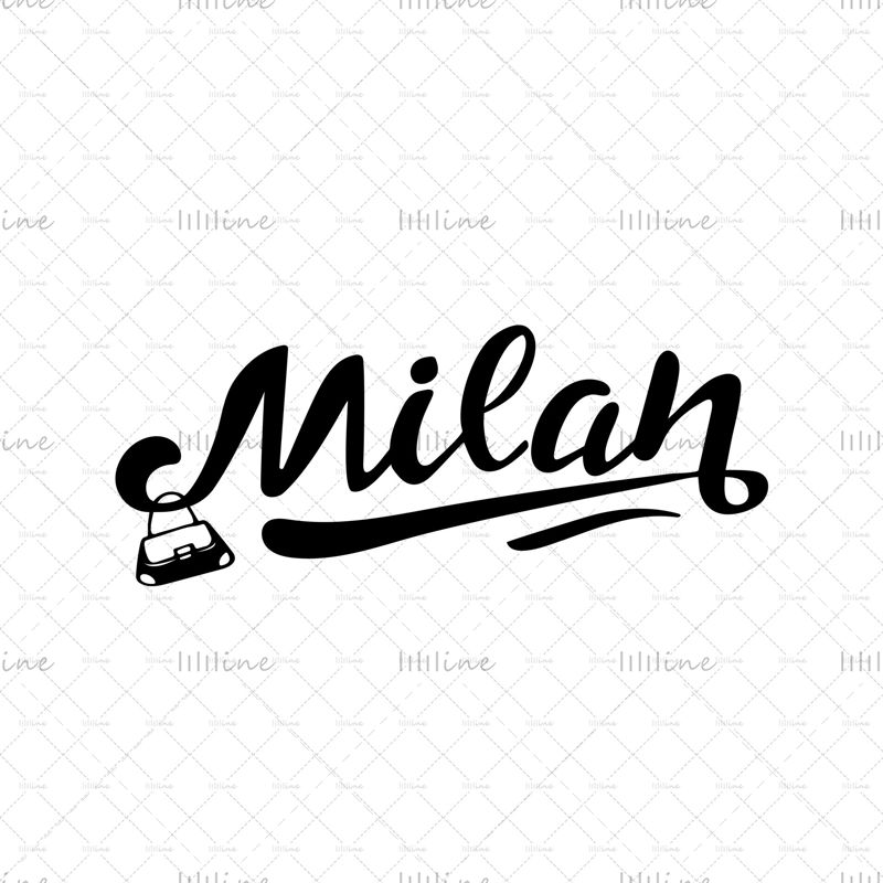 ミラノ。ファッショナブルなレディースバッグ付きの黒い文字、イタリアの都市。ロゴ、はがき、バナー、ポスター、写真、カレンダー、広告、白い背景のデジタル手書きタイトル。トレンディなスタイル。ファッション。