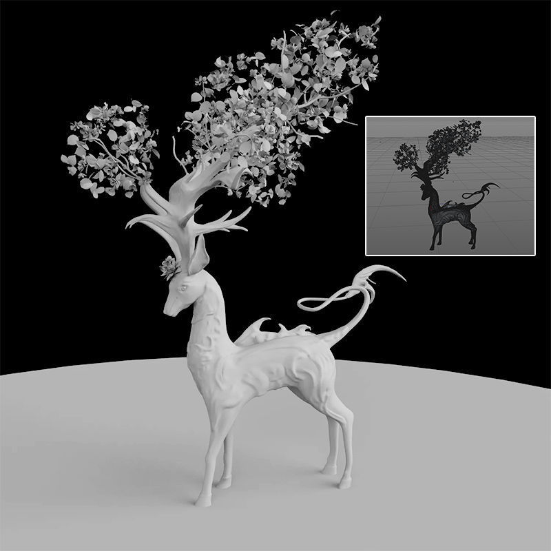 Chinese style sika deer flower tentacles high segmented 3d model c4d