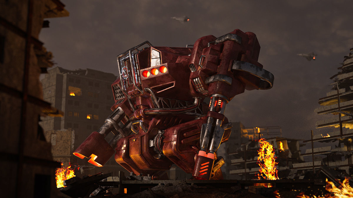 Flame robot 3d scene robot c4d model ruins scene