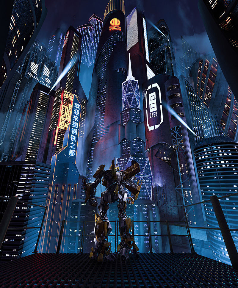 Cyberpunk 3d stadsscène toekomstige stad c4d gebouwmodel robotmodel
