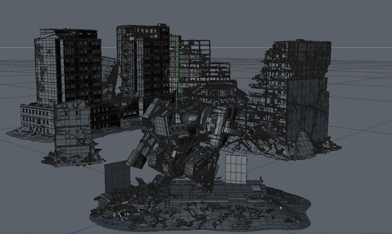 Flame robot 3d scene robot c4d model ruins scene