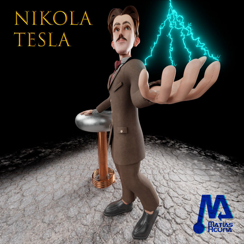 Model Nikole Tesle, opremljen s 3D tuljavno maso Tesla coil