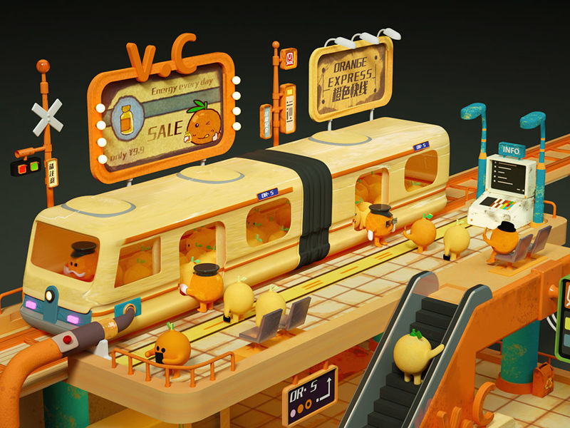 Orange assembly line c4d source file 3d cartoon scene model