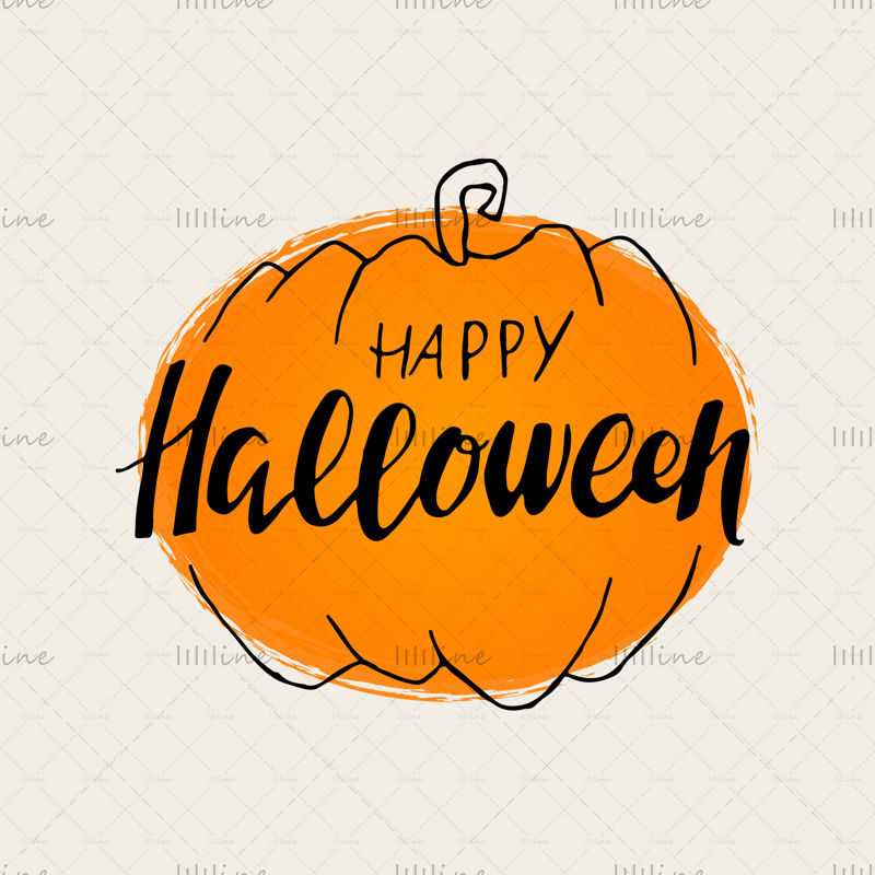 Banner de Feliz Halloween para una invitación a una fiesta dentro de una ilustración de Vector de calabaza naranja. Mano letras digitales de color negro para una pancarta, un póster, una tarjeta de felicitación, una invitación a una fiesta. Ilustración de moda, 31 de octubre.