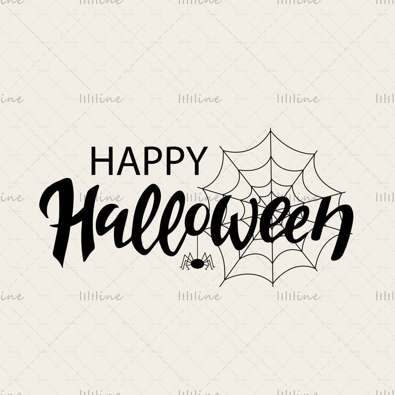 Boldog Halloween -t, fekete betűk pókkal és hálóval a fehér háttér előtt. Vektoros illusztráció. Kézi digitális betűk egy bannerhez, poszterhez, üdvözlőlaphoz, meghívó egy partira. Halloween.