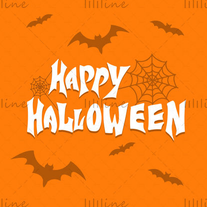 Happy Halloween, white letters with shadow, spider web, and bats on the orange background.  Vector illustration. Hand digital lettering for a banner, poster, greeting card, and invitation.Halloween.