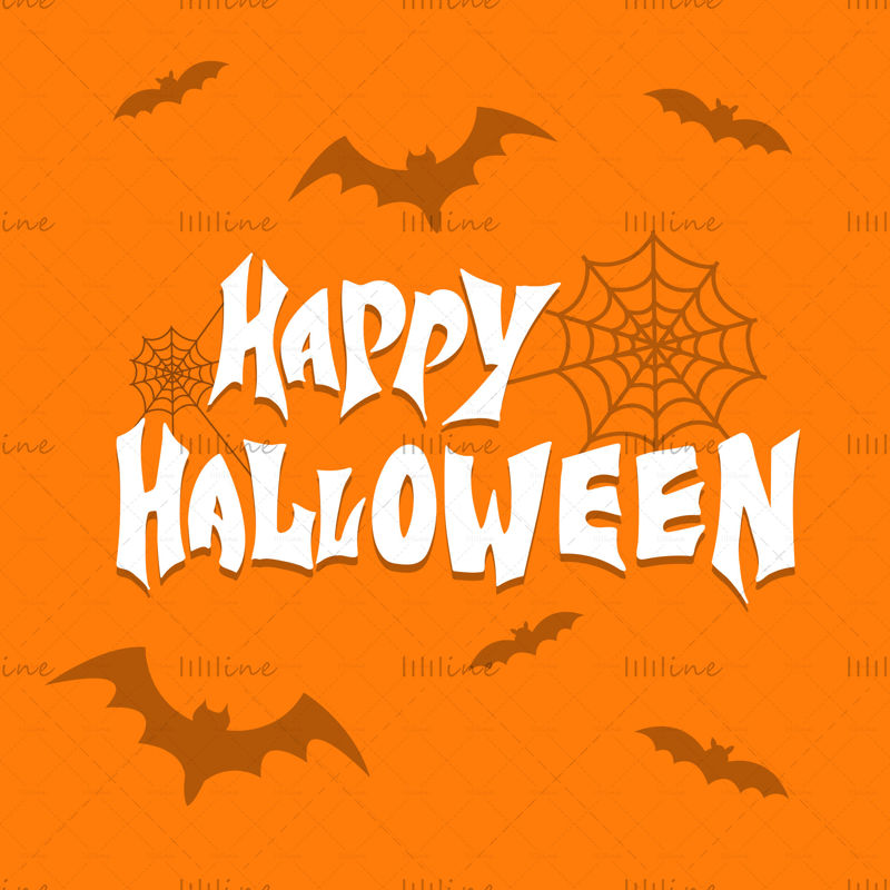 Boldog Halloween -t, fehér betűk árnyékkal, pókháló és denevérek a narancssárga háttérben. Vektoros illusztráció. Kézi digitális betűk egy banner, poszter, üdvözlőlap és meghívó. Halloween.