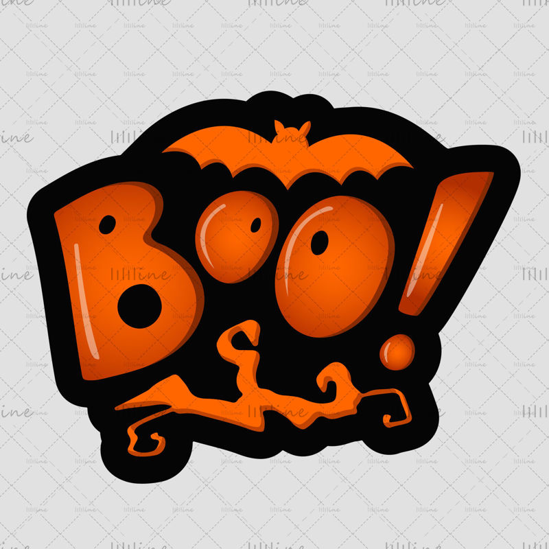 Boo !, oranžová písmena se zkroucenou větví stromu a netopýrem a stínem na bílém pozadí. Vektorové ilustrace. Ruční digitální písmo pro banner, plakát, blahopřání a pozvání. Halloween.
