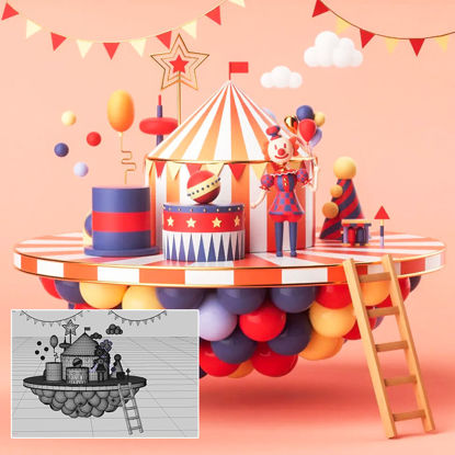 Atmosféra prázdnin prvního dubna 3D scéna klaun c4d model cirkusový model