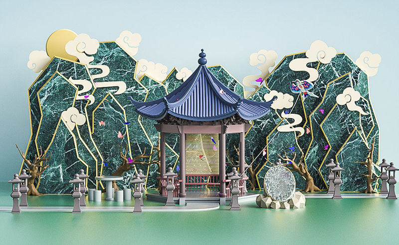 Čínský styl jarního výletu 3D scéna krajina scenérie model c4d