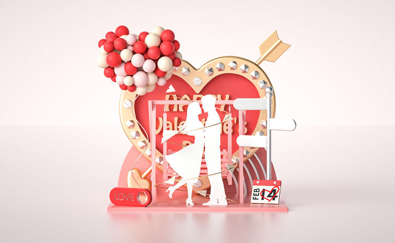 バレンタインデーピンクの3Dシーンラブハートバレンタインデーc4dモデル