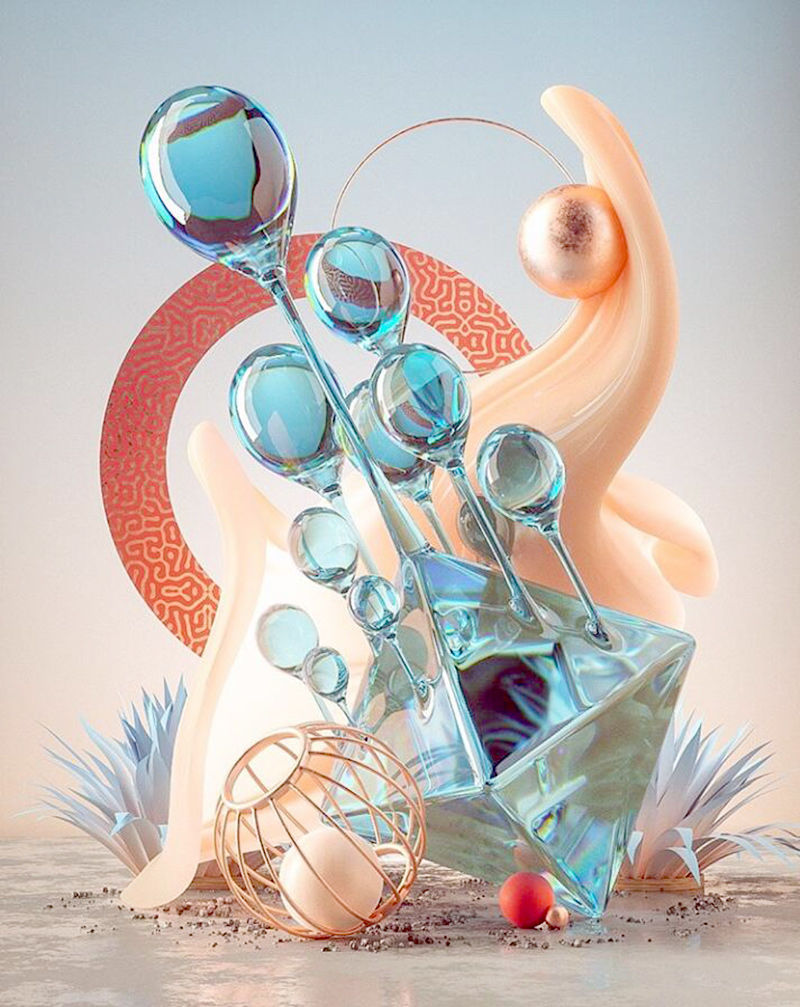 Geometrische creatieve blauwe waterdruppelornamenten 3D-scène c4d-model