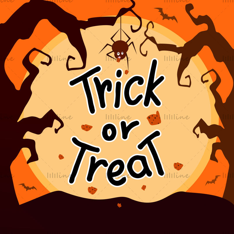 Trick or treat, black letters, spider, cookies, twisted trees, bats, yellow sunset in the background.Vector illustration. Digital hand lettering for a banner, a poster, a greeting card, an invitation, a party. Halloween.