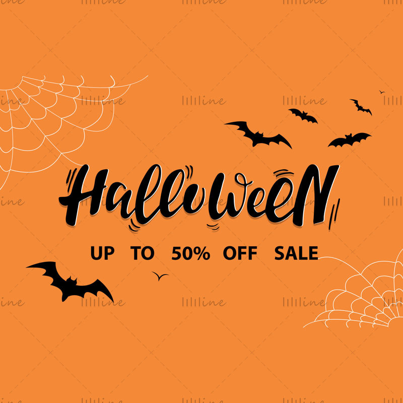 Halloween 50% off sale, black letters, bats, white spider webs, orange background.Vector illustration. Digital hand lettering for a banner, a poster, a greeting card, an invitation, a party. Halloween.