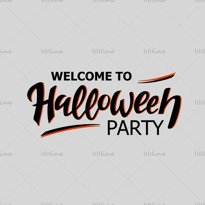 Willkommen bei Halloween-Party, schwarze Buchstaben, orangefarbene Schatten, weißer Hintergrund. Vektor-Illustration. Digitale Handbeschriftung für ein Banner, ein Poster, eine Grußkarte, eine Einladung, eine Party. Halloween