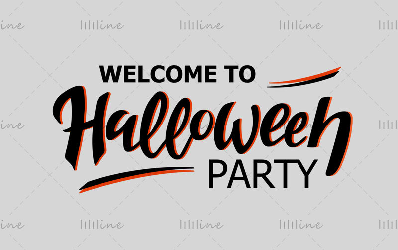 Willkommen bei Halloween-Party, schwarze Buchstaben, orangefarbene Schatten, weißer Hintergrund. Vektor-Illustration. Digitale Handbeschriftung für ein Banner, ein Poster, eine Grußkarte, eine Einladung, eine Party. Halloween