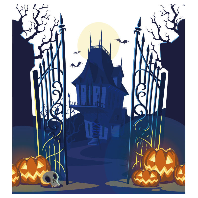 Blue haunted house halloween hand drawn