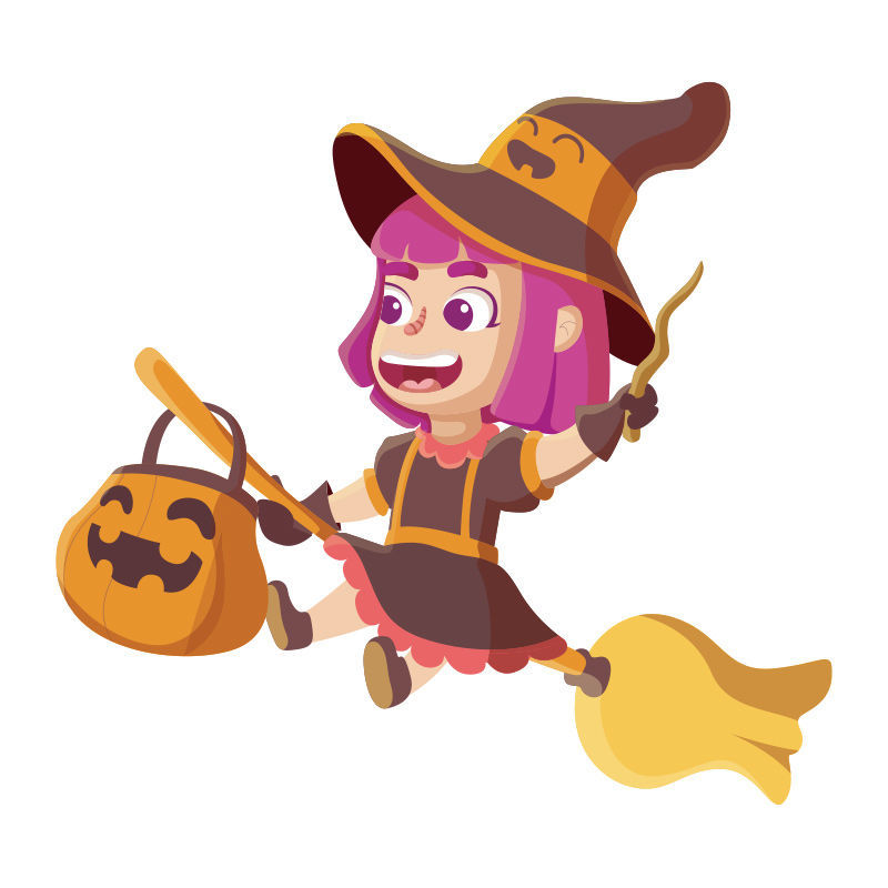 Vector Cute Halloween Witch Riding A Broom 