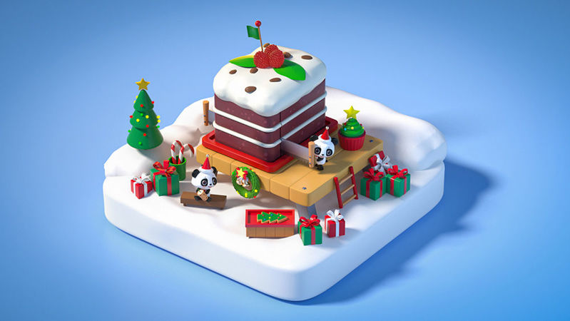 Синя минималистична Коледна 3d сцена сладък модел панда