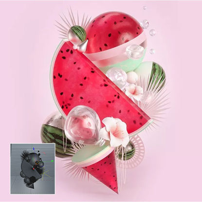 Zomer creatieve roze watermeloen 3d scene watermeloen c4d model
