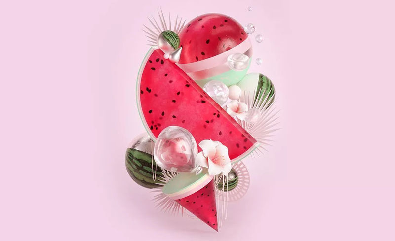 Zomer creatieve roze watermeloen 3d scene watermeloen c4d model