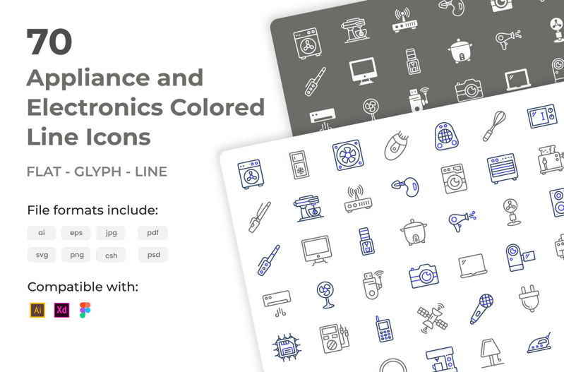 70 gekleurde lijnpictogrammen voor apparaten en elektronica