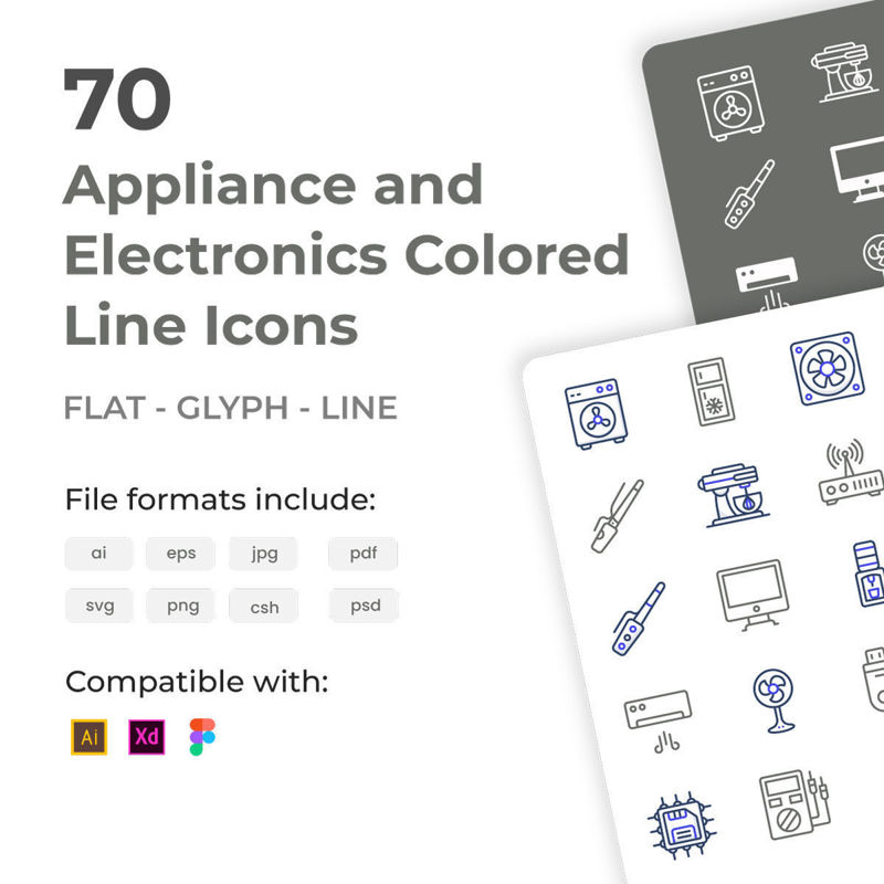 70 gekleurde lijnpictogrammen voor apparaten en elektronica