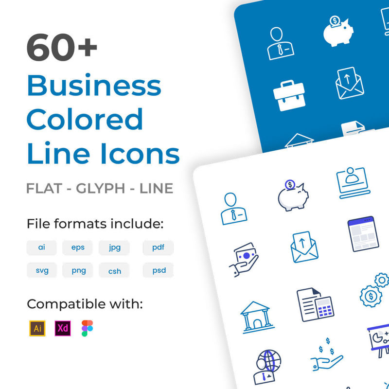 Mais de 60 ícones de linhas coloridas de negócios