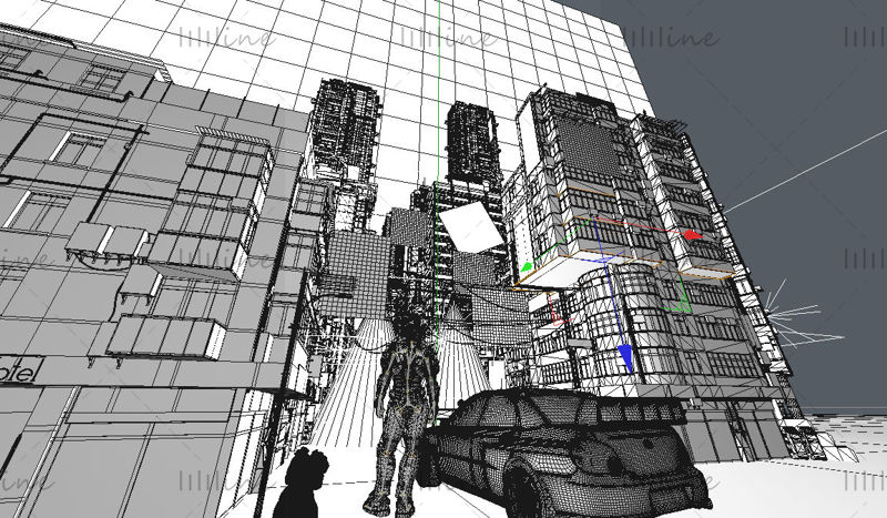 Cyberpunk 3d scéna c4d city building model modelu modelu modelu auta