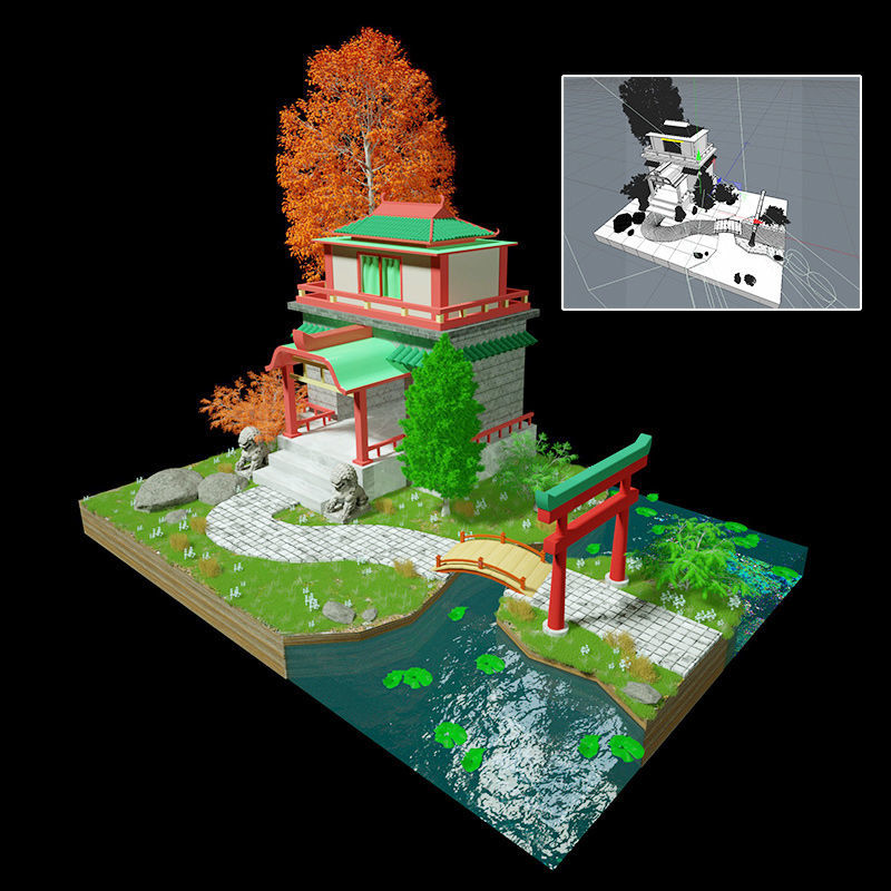 Čínský styl nádvoří 3D scéna retro dům c4d model park model