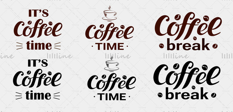 Koffietijd, koffiepauze, tijd voor koffie, koffiebonen, logo, koffiekopje, bruine stijlvolle kleur, logo voor bedrijf, café, winkel, identiek ontwerp, flyer, sticker, advertenties, bewegwijzering