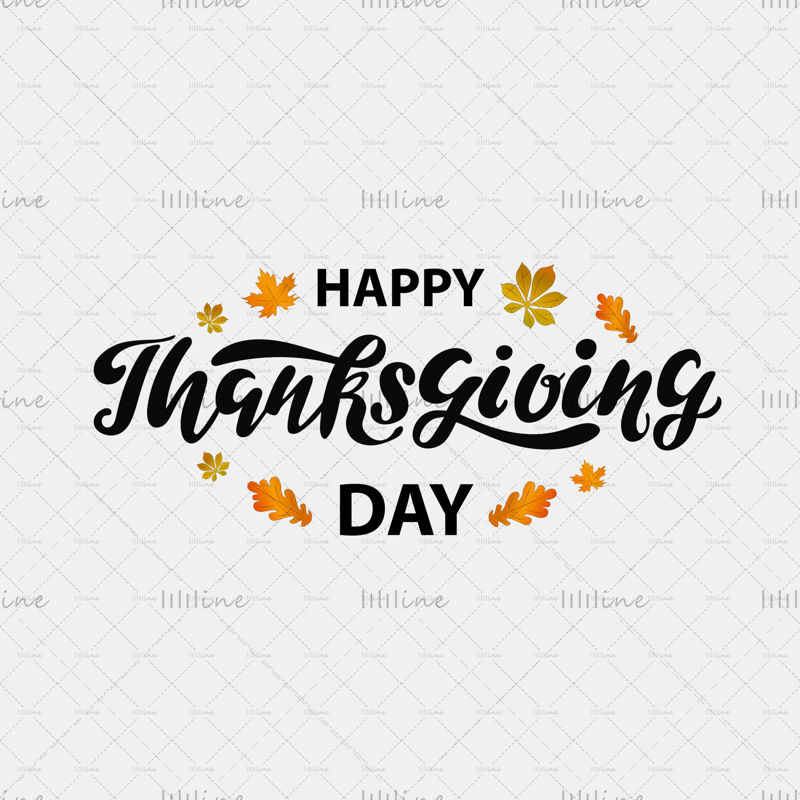 Happy Thanksgiving Day digitale Handbeschriftung mit Ahorn- und Eichenblättern auf dem weißen Hintergrund. Urlaubsgrußkarte zum Feiern, Poster, Broschüre