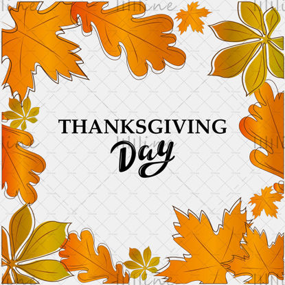 Цифрови ръчни букви за Деня на благодарността с оранжеви и зелени листа на бял фон. Празнична поздравителна картичка за празник, плакат, брошура