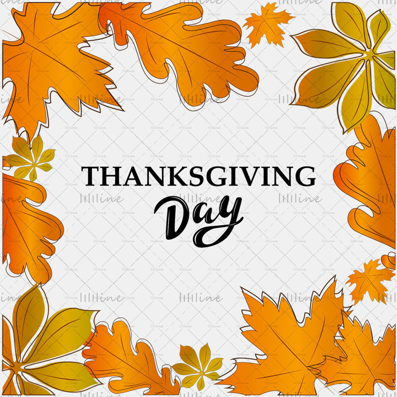 Thanksgiving day digital hand lettering with orange and green leaves on the white background. Holiday greeting card for celebration, poster, brochure