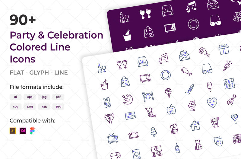 90+ gekleurde lijnpictogrammen voor feesten en feesten