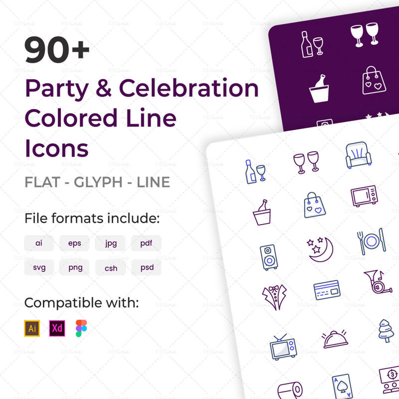 90+ party és ünneplés színes vonal ikonok