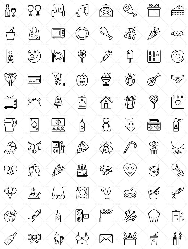 Více než 90 ikon na barevné čáry pro večírky a oslavy