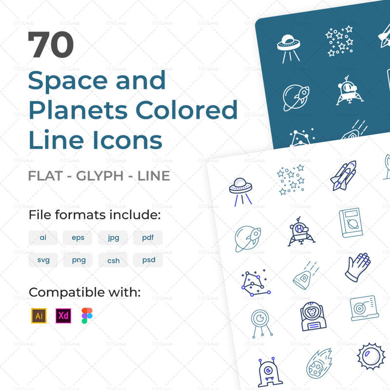 70 űrszínű vonal ikonok csomag