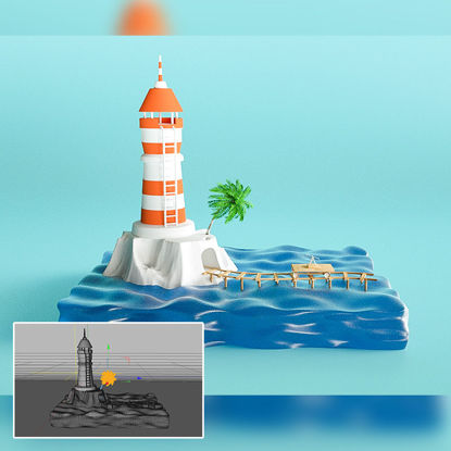 Modèle de dessin animé de tour de guet de scène 3d de l'île C4D