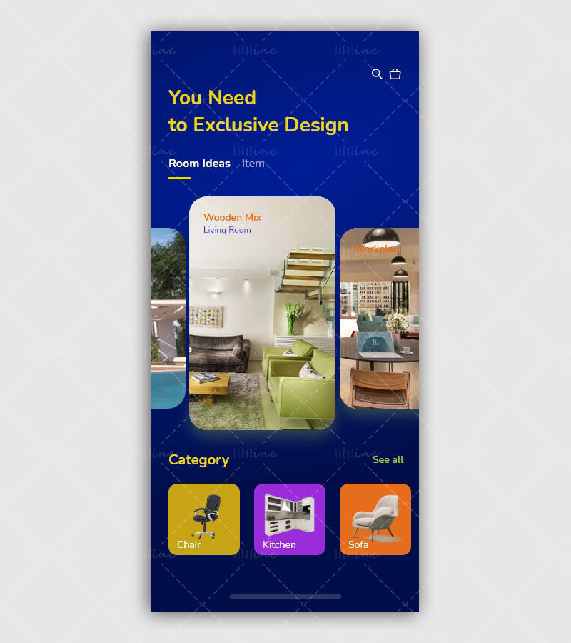 Interfaccia utente dell'app mobile per la vendita di mobili
