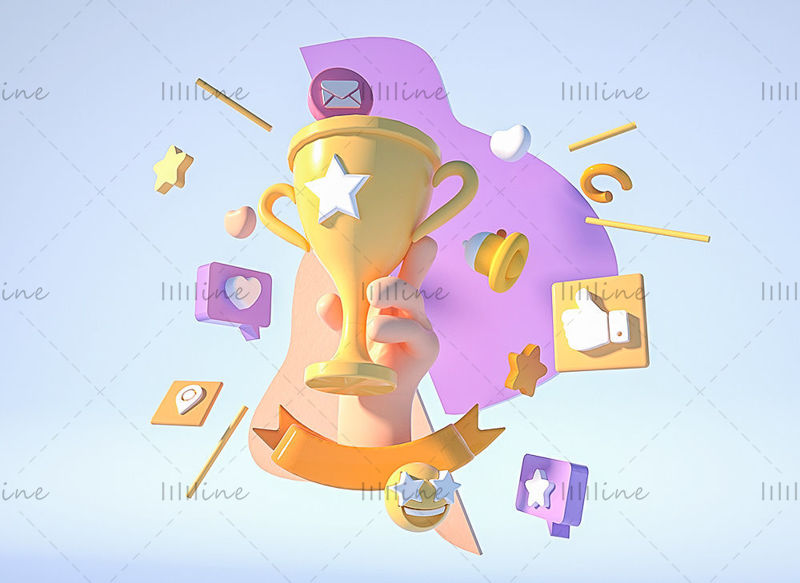 3d yellow purple trophy like UI icon C4D element model