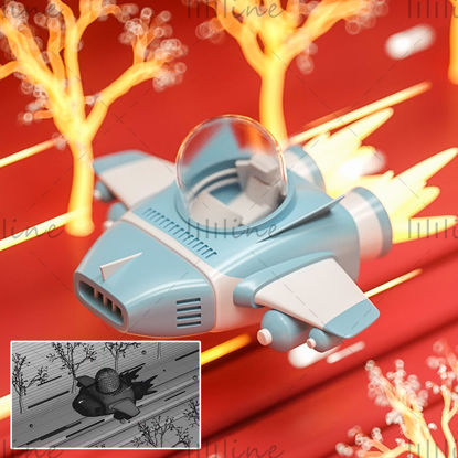 Spaceship C4D Red Festive Scene Aircraft Trees 3D Model