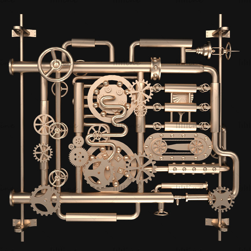 Modern mechanical style 3d material copper color gear metal pipe C4D model