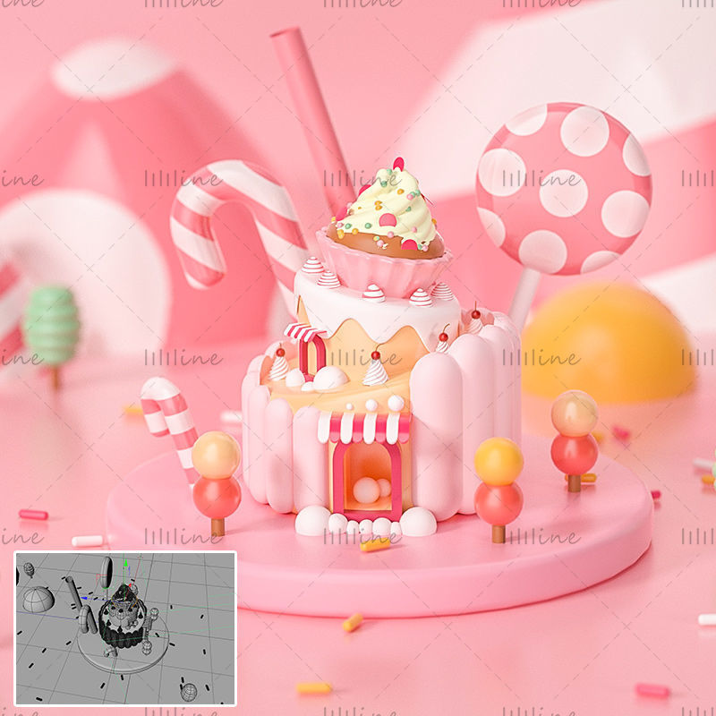 Multi-format pink C4D cartoon small fresh creative 3d e-commerce dessert scene